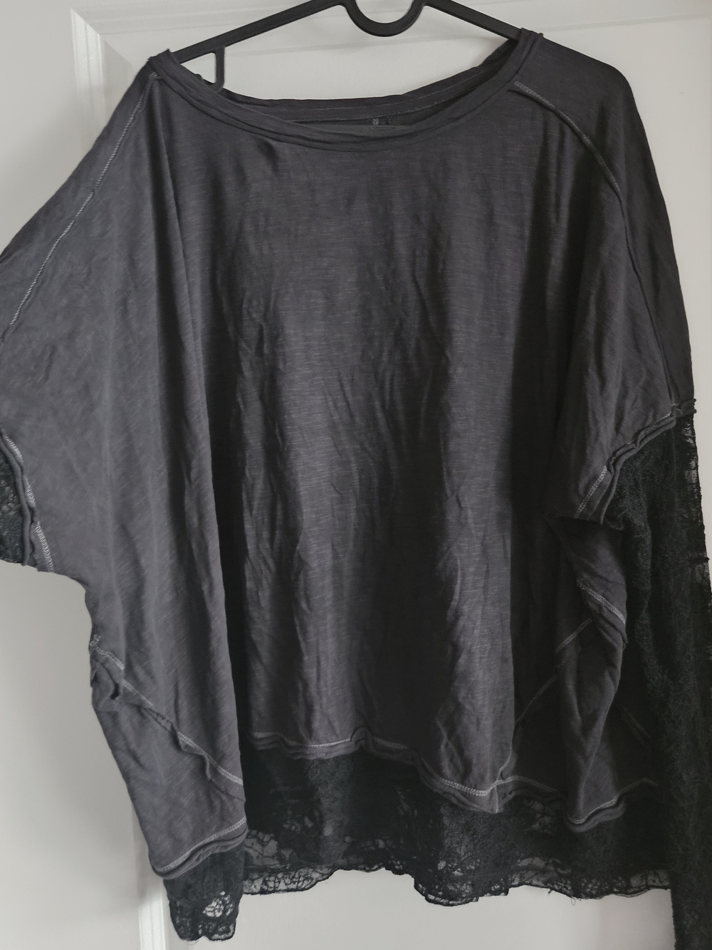 We The Free Black Oversized Long Sleeve Top with Lace Hem